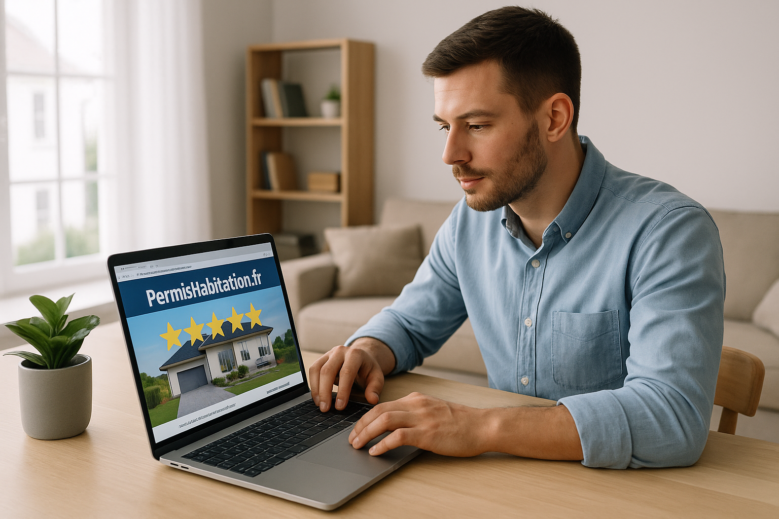 homme consultant le site PermisHabitation.fr sur ordinateur portable dans un salon lumineux, avis positif illustré par cinq étoiles jaunes
