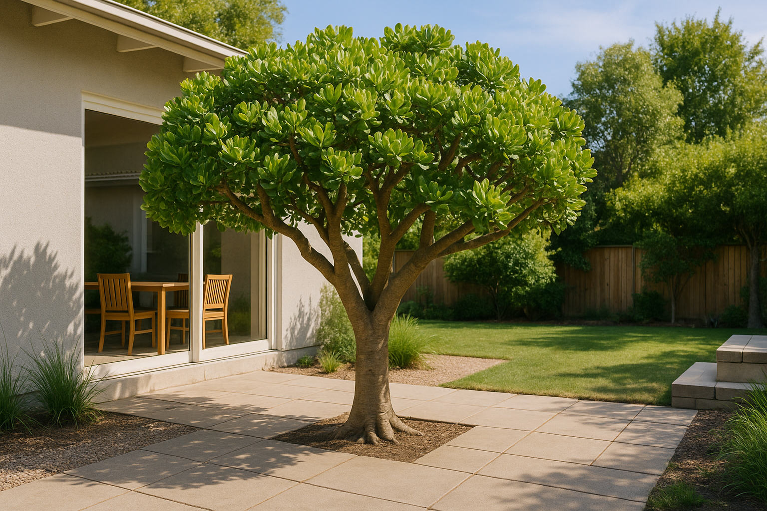Grand arbre de jade planté dans un jardin extérieur donnant sur une maison